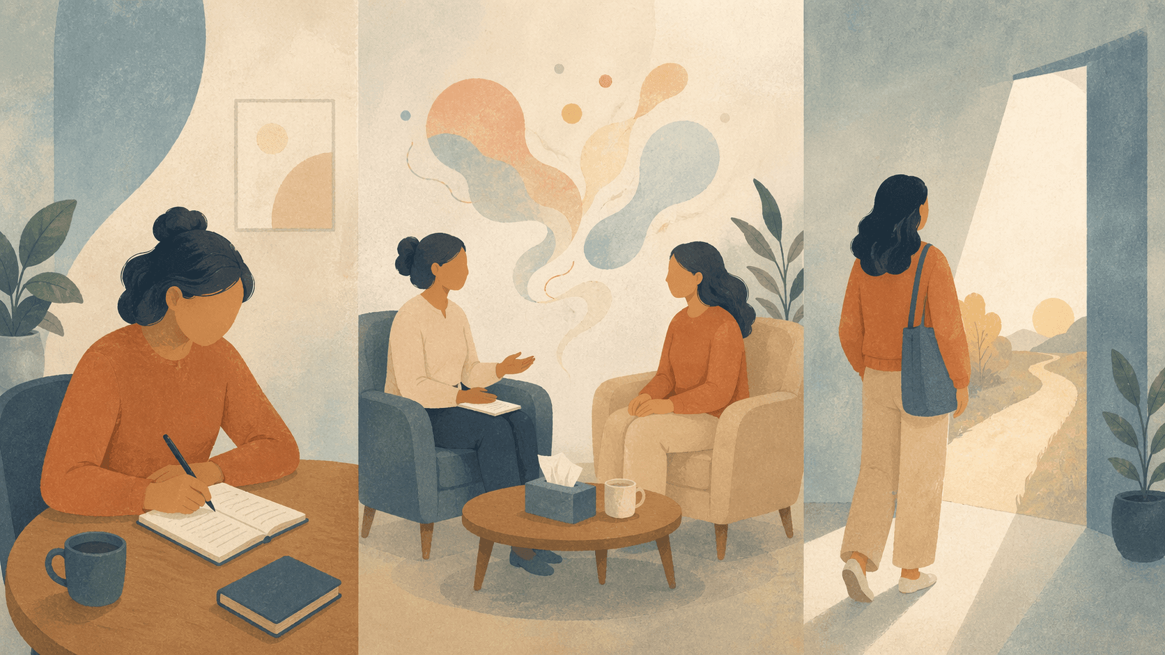 Illustration of requesting a session, working with a facilitator, and leaving with a clearer next step