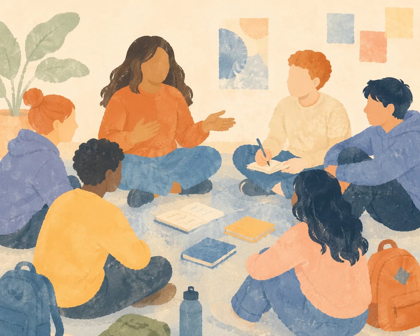 A facilitator sits cross-legged with a circle of young people on the floor, notebooks and backpacks scattered around them.