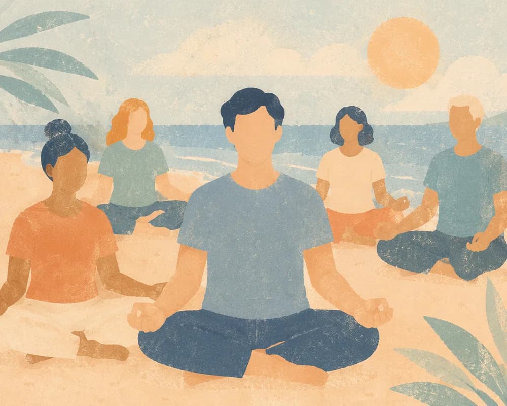 Illustration of a group seated together on a beach during retreat practice