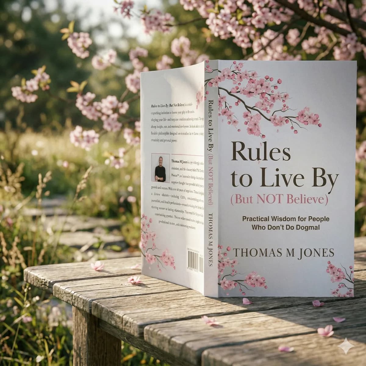 Rules To Live By book on a wooden garden bench beneath spring blossoms.